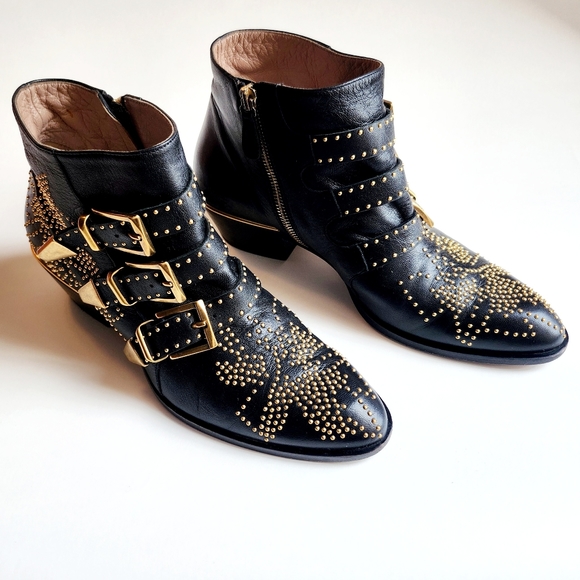 Chloé Women's Black Leather Susanna Pointed-Toe Studded Booties Boots Size 37 - Picture 2 of 16